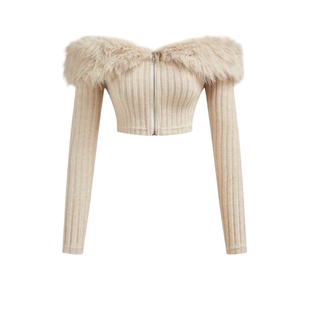 🦋3 For $30🦋Faux Fur Trim Ribbed Zip-Front Crop Top in Beige